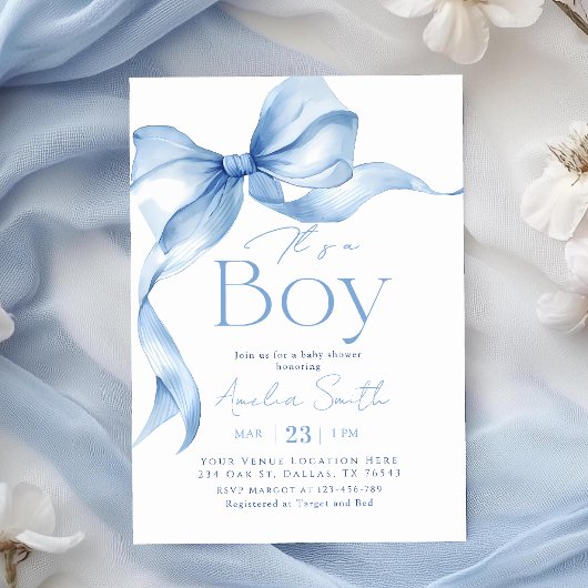 Blue Bow Coquette Boy Baby Shower Einladung