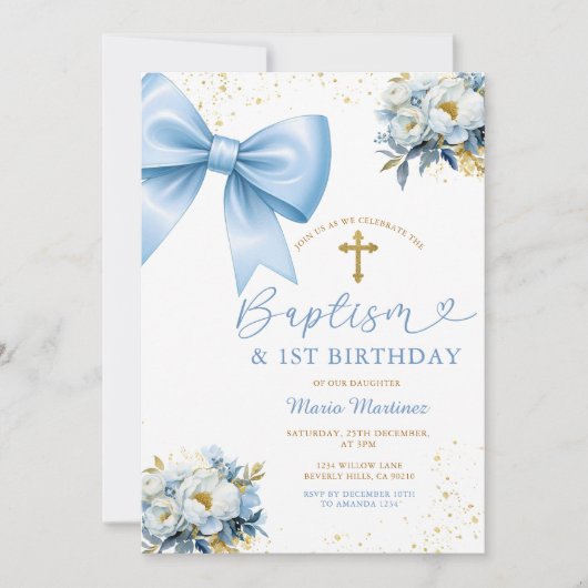 Blue Bow Coquette Girl Baptism and Birthday Floral Einladung (Vorderseite)