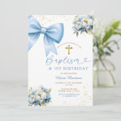 Blue Bow Coquette Girl Baptism and Birthday Floral Einladung (Stehend Vorderseite)