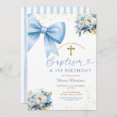 Blue Bow Coquette Girl Baptism and Birthday Floral Einladung (Vorne/Hinten)