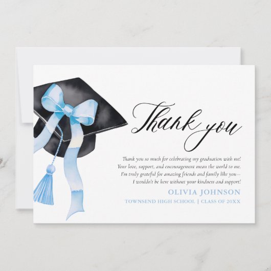 Blue Bow Coquette Graduation Cap Danke Karten (Vorderseite)