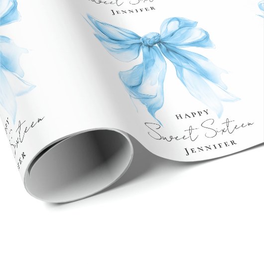 Blue Bow Coquette Script Sweet 16 Party  Geschenkpapier (Rolleneckpunkt)