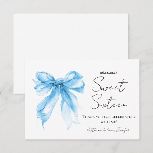 Blue Bow Coquette Script Sweet 16 Thank You  Dankeskarte (Vorne/Hinten)