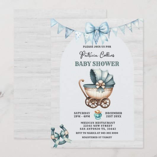 Blue Bow Cowboy Stroller Kinderdusche Einladung (Vorne/Hinten)