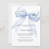 Blue bow elegant pearls boy Baby Shower Einladung (Vorderseite)