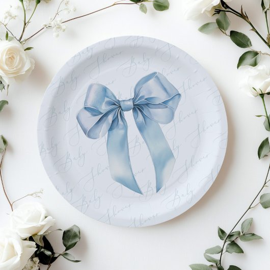 Blue Bow Elegante Kalligrafie Boy Baby Shower Pappteller
