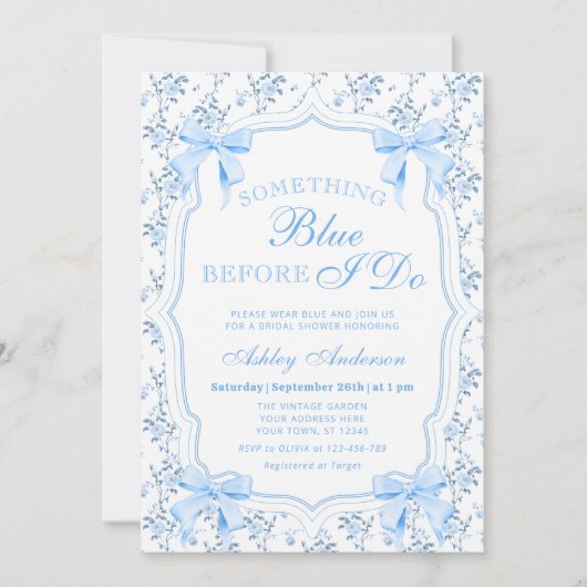 Blue Bow etwas Blau, bevor ich Brautparty mache Einladung (Vorderseite)