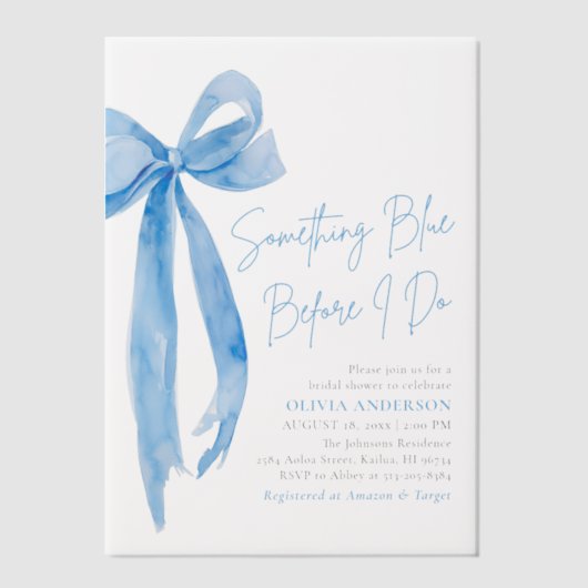 Blue Bow etwas Blau, bevor ich Brautparty mache Pergament Einladungen (Vorderseite)