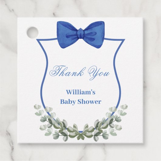 Blue Bow Eucalyptus Wappen Baby Dusche Vielen Dank Geschenkanhänger (Vorderseite)
