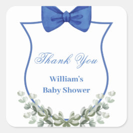 Blue Bow Eucalyptus Wappen Baby Dusche Vielen Dank Quadratischer Aufkleber