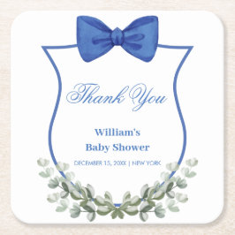 Blue Bow Eucalyptus Wappen Baby Dusche Vielen Dank Rechteckiger Pappuntersetzer