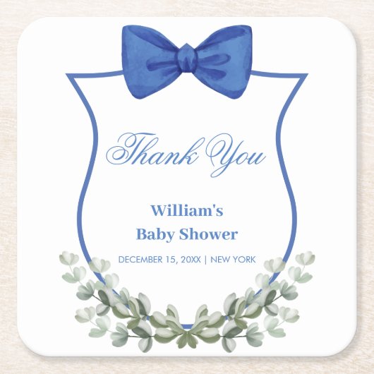 Blue Bow Eucalyptus Wappen Baby Dusche Vielen Dank Rechteckiger Pappuntersetzer (Vorderseite)