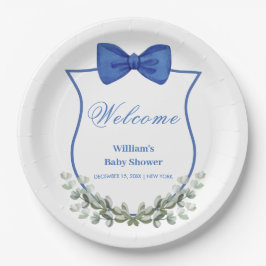 Blue Bow Eucalyptus Wappen Baby Dusche Willkommen Pappteller