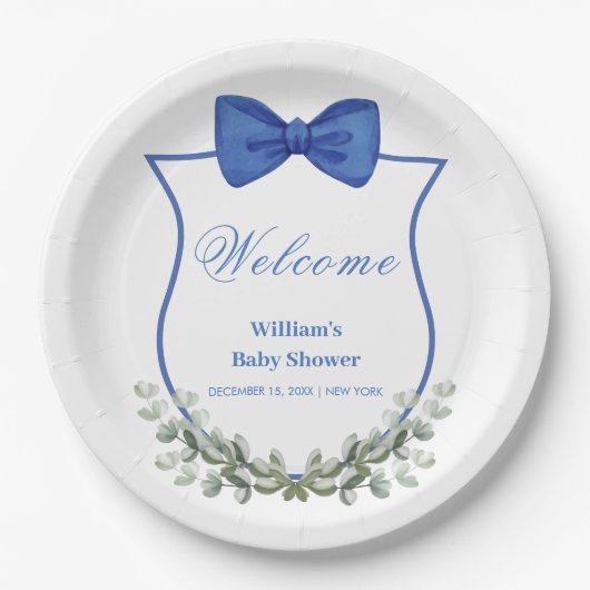 Blue Bow Eucalyptus Wappen Baby Dusche Willkommen Pappteller (Vorderseite)