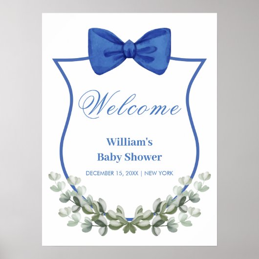Blue Bow Eucalyptus Wappen Baby Dusche Willkommen Poster (Vorne)