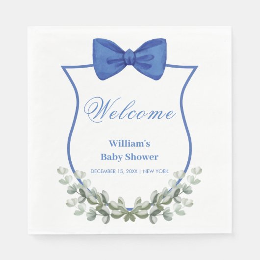 Blue Bow Eucalyptus Wappen Baby Dusche Willkommen Serviette (Vorderseite)