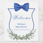 Blue Bow Eucalyptus Wappen Baby Dusche Willkommen Weinetikett (Einzelnes Label)