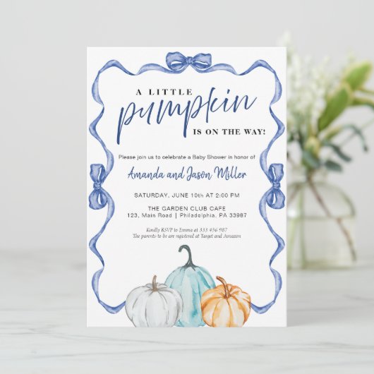 Blue Bow Fall Baby Duschkins elegant Save The Date (Stehend Vorderseite)