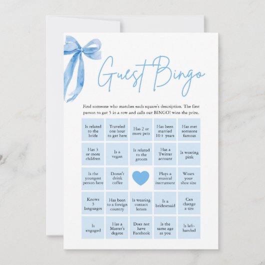 Blue Bow Finden Sie das Bingo Brautparty Game Einladung (Vorderseite)