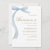 Blue Bow First Birthday Invitation Watercolor Einladung (Vorderseite)