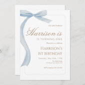 Blue Bow First Birthday Invitation Watercolor Einladung (Vorne/Hinten)