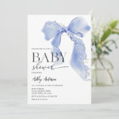 Blue Bow Floral Baby Boy Dusche Einladung (Stehend Vorderseite)