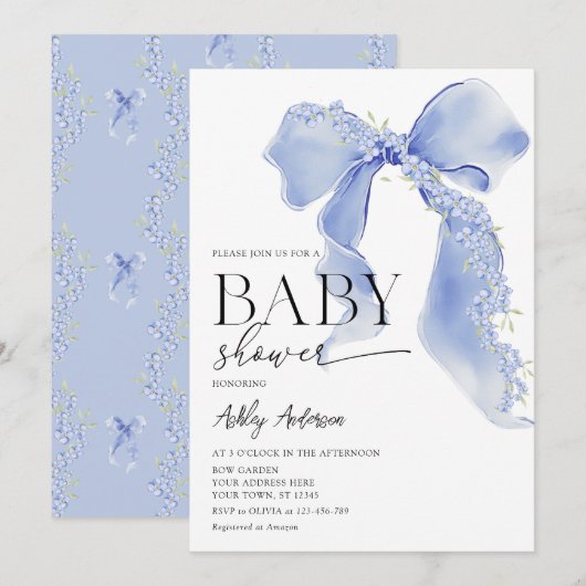 Blue Bow Floral Baby Boy Dusche Einladung (Vorne/Hinten)