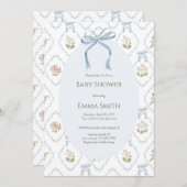 Blue Bow Floral Baby Shower Einladung (Vorne/Hinten)