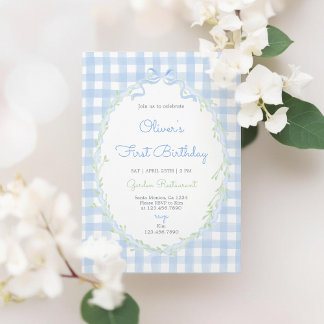 Blue Bow Floral Birthday Boy Blue Gingham Einladung