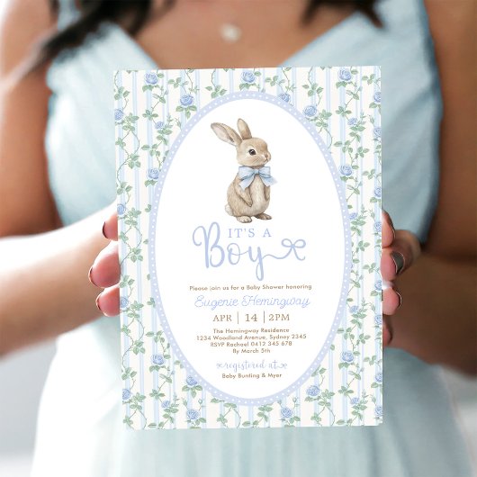 Blue Bow Floral Bunny Rabbit Boy Baby Dusche Einladung