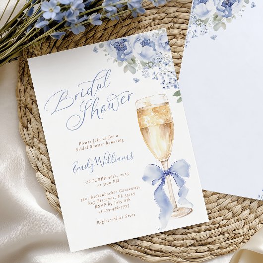 Blue Bow Floral Champagne Bridal Shower Invitation Einladung