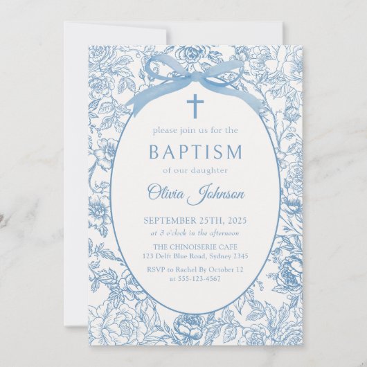 Blue Bow Floral Chinoiserie Taufe Einladung (Vorderseite)
