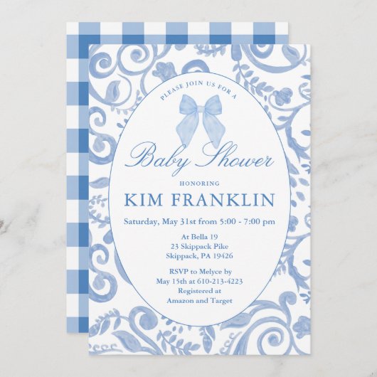 Blue Bow Floral Coquette Gingham Boy Baby Dusche Einladung (Vorne/Hinten)