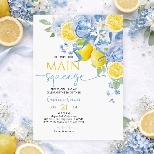 Blue Bow Floral Lemon Bridal Shower Invitation Einladung