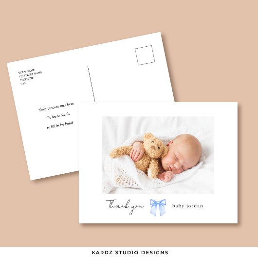 Blue Bow Foto Moderne Babydusche Vielen Dank Postkarte
