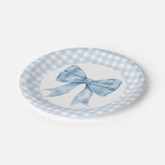 Blue Bow Gingham Paper Plate Pappteller (Schrägansicht)