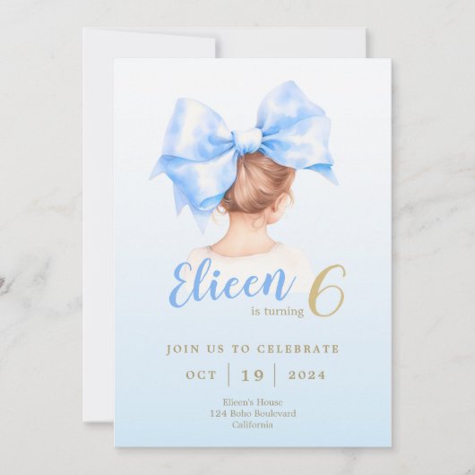 Blue Bow Girl Birthday Invite Einladung (Vorderseite)