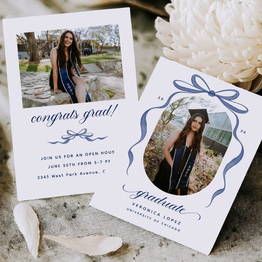 Blue Bow Graduation Open House Party Invitation Einladung
