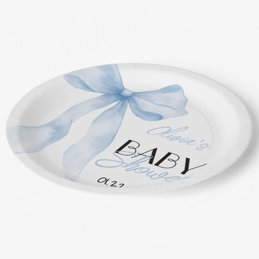 Blue Bow Hand Drawing Script Baby Boy Dusche Pappteller (Schrägansicht)