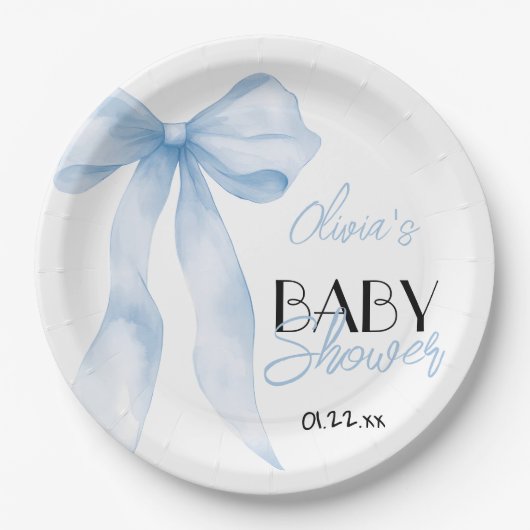 Blue Bow Hand Drawing Script Baby Boy Dusche Pappteller (Vorderseite)