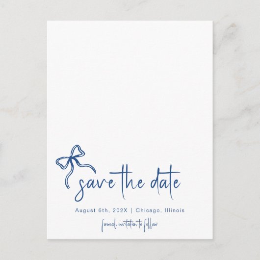 Blue Bow Hand gezogen Save the Date Foto Postkarte (Vorderseite)