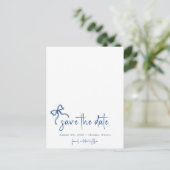 Blue Bow Hand gezogen Save the Date Foto Postkarte (Stehend Vorderseite)