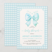 Blue Bow It's a Boy Baby Shower Gingham Plaid Einladung (Vorne/Hinten)