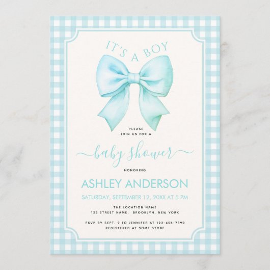 Blue Bow It's a Boy Baby Shower Gingham Plaid Einladung (Vorderseite)