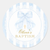 Blue Bow Lace Boy Baptism Runder Aufkleber (Vorderseite)