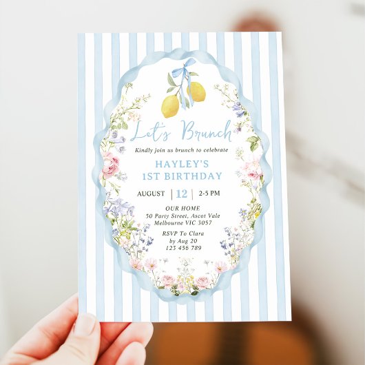 Blue bow lemon birthday Invitation Einladung
