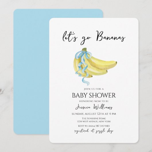Blue Bow Let's Go Bananas Baby Shower Einladung (Vorne/Hinten)