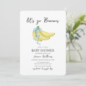 Blue Bow Let's Go Bananas Baby Shower Einladung (Stehend Vorderseite)