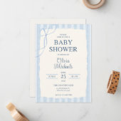 Blue Bow Minimalist Baby Shower Invitation Mitteilungskarte (Vorderseite/Rückseite Beispiel)