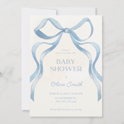 Blue Bow Minimalist Baby Shower Invitation Mitteilungskarte (Vorderseite)